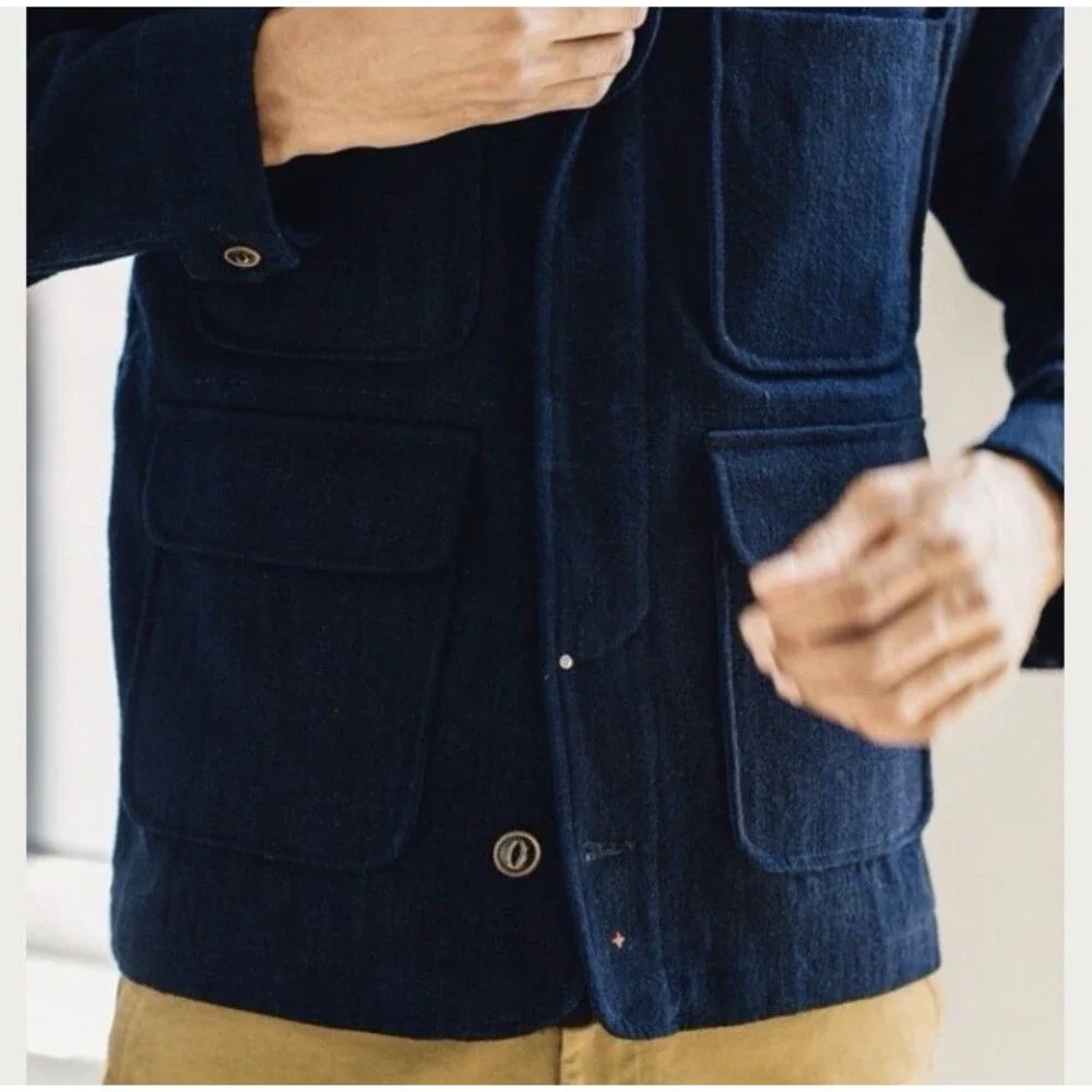 Apolis Indigo Chore Coat Dark Wash Utility Pockets XS Imperfect Mendedl